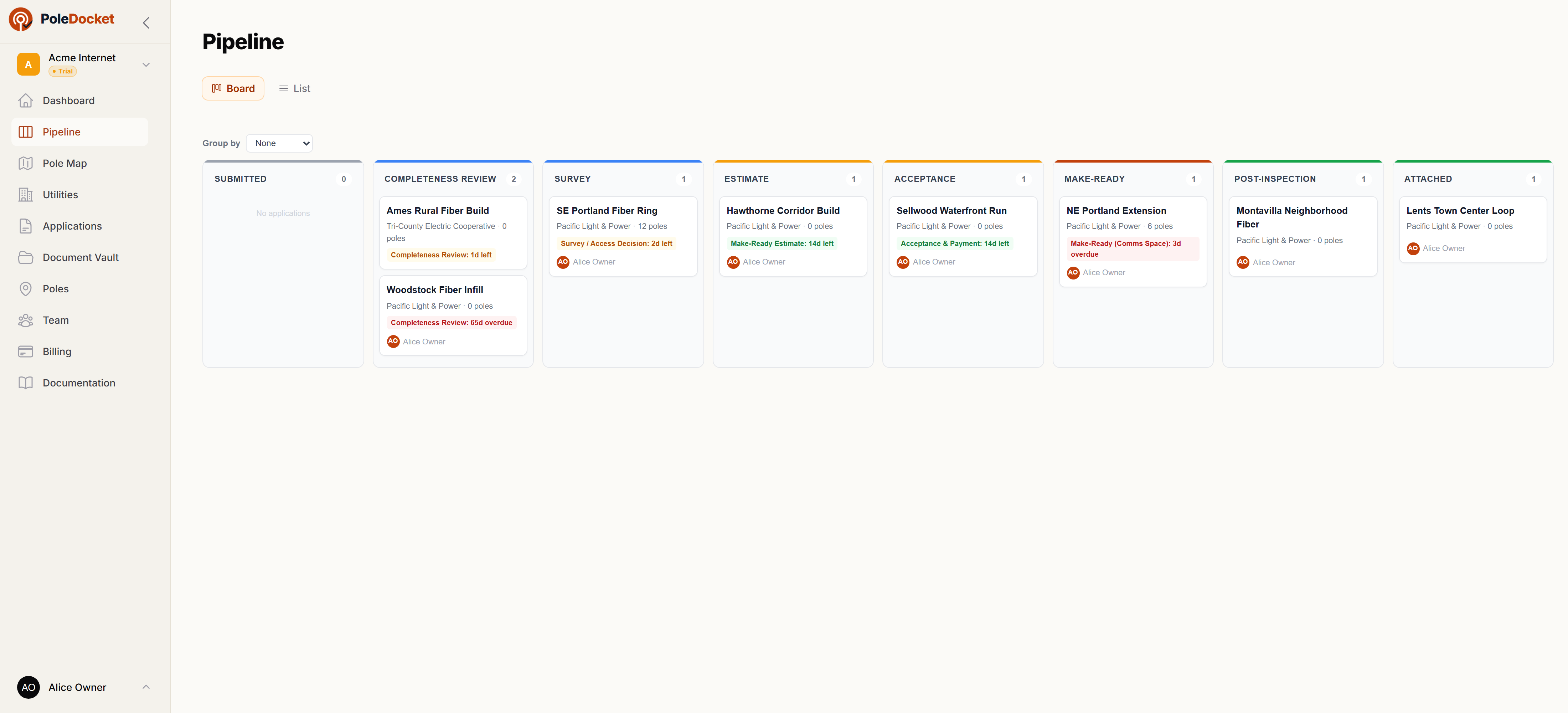PoleDocket pipeline Kanban board with applications across all eight FCC pipeline stages, showing deadline countdowns per card