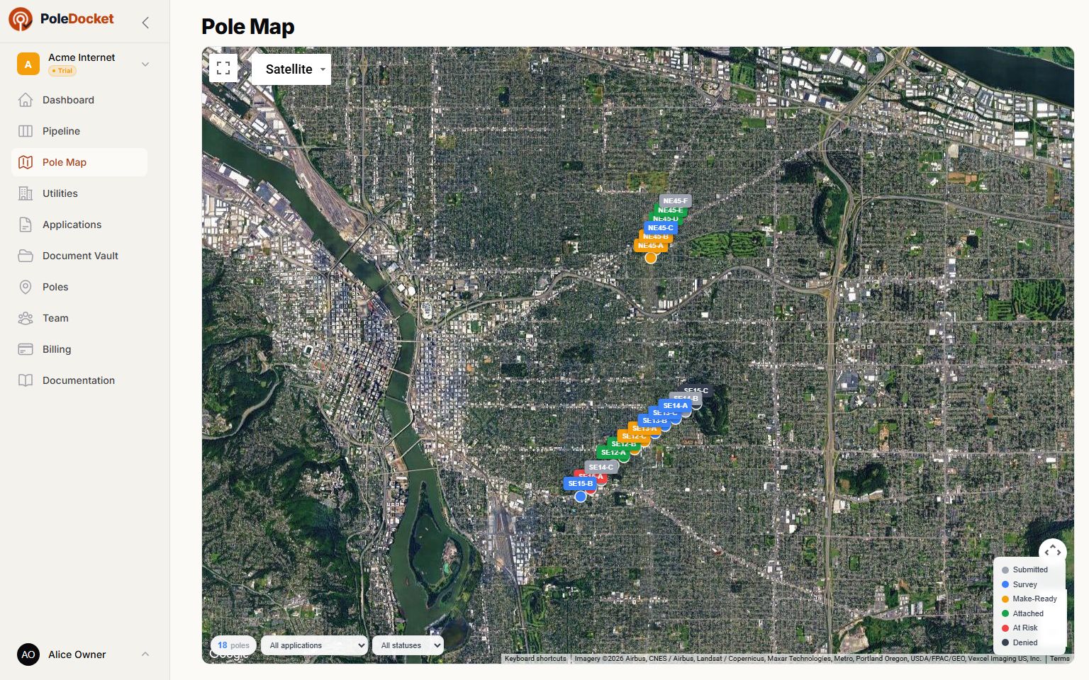 PoleDocket pole map with color-coded pole status markers on a satellite view, with sticky labels and a status legend